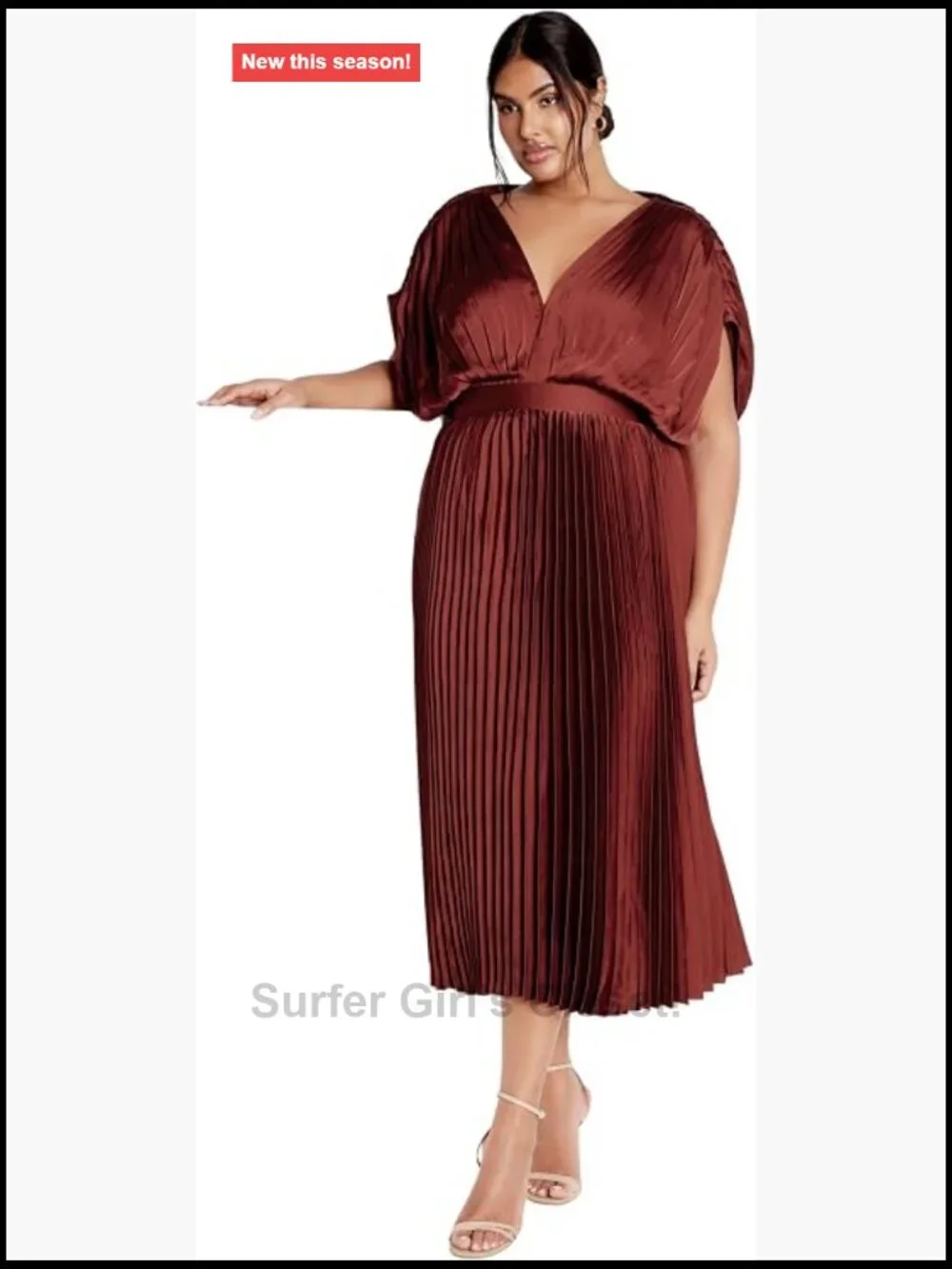 Plus Size Cocktail Dress Midi Satin Pleated V-Neck Sleeveless